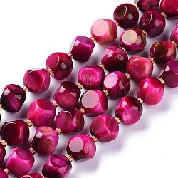 Natürlichen Tigerauge Perlen Stränge, gefärbt und erhitzt, mit Glasperlen, sechsseitige Himmelswürfel, Medium violett rot, 11.5~12.5x11.5~12.5 mm, Bohrung: 1 mm, ca. 29~30 Stk. / Strang, 15.55~15.94 Zoll (39.5~40.5 cm)
