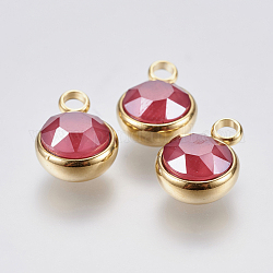 K9 Glass Pendants, with 304 Stainless Steel Findings, Ion Plating (IP), Faceted, Flat Round, Golden, Red, 13.5x10x6mm, Hole: 2.5mm