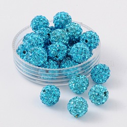 Abalorios de Diamante de imitación de arcilla polímero, Pave bolas de discoteca, Grado A, redondo, medio-perforado, aguamarina, 8mm, agujero: 1 mm