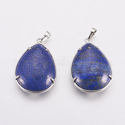 Natural Lapis Lazuli Pendants, with Brass Findings, Teardrop with Tree, Dyed, Platinum, 37x25~26x10~11mm, Hole: 5x8mm