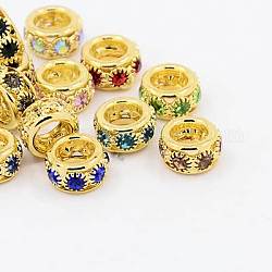 Perles européennes en laiton avec strass, Perles avec un grand trou   , Grade a, rondelle, métal couleur or, couleur mixte, 10x5~6mm, Trou: 5mm