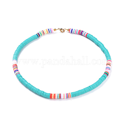 Handmade Polymer Clay Heishi Beaded Necklaces, with Brass Spacer Beads and 304 Stainless Steel Findings, Turquoise, 15.9~16.1 inch(40.5~41cm)