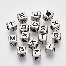 CCB perles en plastique, trou horizontal, cube avec la lettre, argent antique, 6x6.5x6.5mm, Trou: 3mm