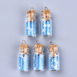 Glass Wishing Bottle Pendant Decorations, with Resin Rhinestone and Glass Micro Beads inside, Cork Stopper and Platinum Iron Screw Eye Pin Peg Bails, Light Sky Blue, 28~29x11mm, Hole: 2mm