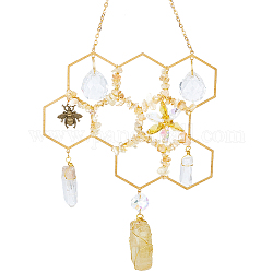 Nuggets Natural Citrine & Glass Window Hanging Decoration, Alloy Bee Honeycomb Suncatchers, for Home Garden Wall Art, 277mm