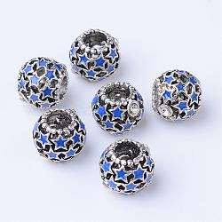 Perles européennes d'émail en alliage, avec des strass, Perles avec un grand trou   , rondelle, argent antique, bleu, 11x9mm, Trou: 5mm