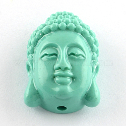 Perles de corail synthétiques teintes tête de Bouddha, aigue-marine, 24~25x16x10.5mm, Trou: 2mm