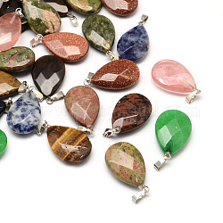 Faceted Flat Teardrop Natural & Synthetic Mixed Stone Pendants, with Platinum Tone Brass Findings, 27x16x6mm, Hole: 6x2mm