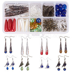 Fabrication de boucles d'oreilles Sunnyclue DIY, avec des cônes de perles de fer, Coupelles en laiton, Perles en verre, crochets en laiton et épingles en fer, couleur mixte, 13.5x7x3 cm