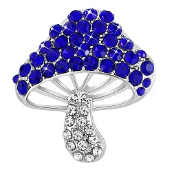 Cubic Zirconia Mushroom Brooch, Alloy Badge for Backpack Clothes, Marine Blue, 30x27mm