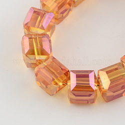 Fili di perle di vetro placcato, sfaccettato, cubo, arancione scuro, 6x6x6mm, Foro: 1 mm, circa 100pcs/filo, 21.6 pollice