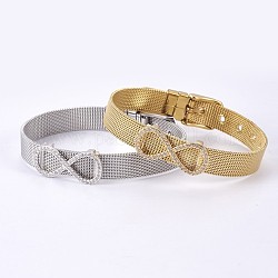 Unisex 304 Stainless Steel Watch Band Wristband Bracelets, with Brass Micro Pave Cubic Zirconia Slider Charms, Infinity, Mixed Color, 8-5/8 inch(21.8cm), 10mm