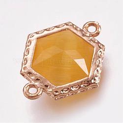 Facettierte Cat Eye Verbinder-Anschlüsse, mit Messing-Befund, Licht Gold, Hexagon, golden, 18x14.5x5 mm, Bohrung: 1 mm