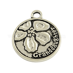 Tibetan Style Alloy Pendants, Flat Round with Flower Pattern and Word Granddaughter, Cadmium Free & Lead Free, Antique Silver, 24x20x2mm, Hole: 2.5mm, about 342pcs/915g