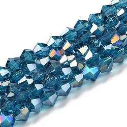 Transparentes perles de verre de galvanoplastie brins, de couleur plaquée ab , facette, Toupie, bleu acier, 4x4mm, Trou: 0.8mm, Environ 87~98 pcs/chapelet, 12.76~14.61 pouce (32.4~37.1 cm)