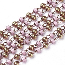 Handmade Glass Beaded Chains, Soldered, with Unplated Nickel Free Brass Findings, with Spool, Thistle, 2mm and 1~2x0.9~1.5mm, about 32.8 Feet(10m)/roll