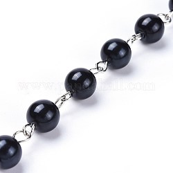 Chaînes de perles de verre teinté à la main, non soudée, avec épingle à oeil en fer, platine, noir, 39.37 pouce, 1 m / chapelet