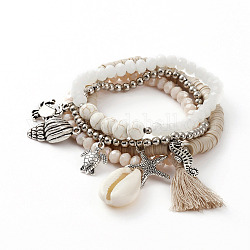 4 bracelets extensibles, avec des perles heishi en pâte polymère, perles en cauris, Perles en verre, perles de turquoise synthétiques et pendentifs en alliage, couleur mixte, diamètre intérieur: 2-1/4 pouce (5.8 cm)