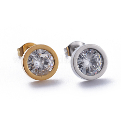 304 Stainless Steel Stud Earrings, with Cubic Zirconia and Ear Nuts, Clear, 9.5mm, Pin: 0.6mm, 6pairs/card