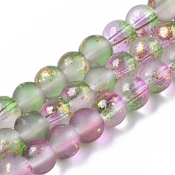 Fili di perle di vetro verniciato a spruzzo satinato, con foglia d'oro, tondo, verde mare medio, 4~5mm, Foro: 0.9~1.2 mm, circa 95~103pcs/filo, 13.78 pollice ~ 14.88 pollici (35~37.8 cm)