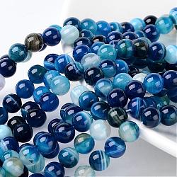 Agata a strisce naturali / perle di agata fasciate, tondo, grado a, tinto, blu, misura:circa8mm di diametro, Foro: 1 mm, 43 pcs / Filo, 15.5 pollice