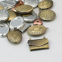 Brass Locket Pendants, Photo Frame Charms for Necklaces, Mixed Shapes and Mixed Color, about 11~20mm wide, 10~20mm long, 4~6mm thick, hole: 1~2mm