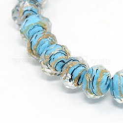 Handmade Faceted Swirl Gold Sand Lampwork Rondelle Beads Strands, Sky Blue, 10x7mm, Hole: 1mm, about 50pcs/strand, 14.96 inch