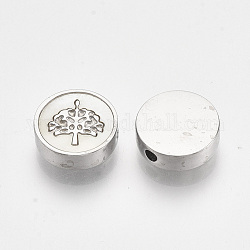 Perles en 304 acier inoxydable, avec coquille, plat et circulaire avec arbre de vie, couleur inoxydable, 9.5~10x3mm, Trou: 1.5mm