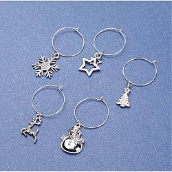 Wine Glass Charm for Christmas, with Brass Findings and Mixed Shape Alloy Pendants, Mixed Color, 48~58mm, 5pcs/set