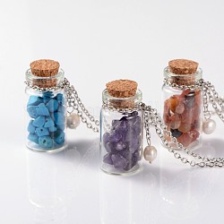 Joli design en verre bouteille souhaitant pendentifs, avec des perles de pierre mélangées naturelles et synthétiques et des bondes en bois, des chaînes de fer et perles de nacre, couleur mixte, 18 pouce