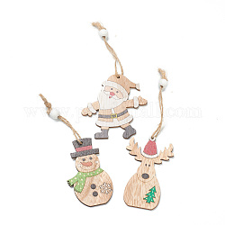 Christmas Theme Natural Wood Pendant Decorations, with Hemp Cord & Bead, Reindeer & Santa Claus & Snowman, Mixed Color, 155~165mm, 9pcs/box
