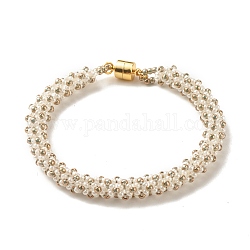 Glass Seed Beaded Bracelet with Brass Magnetic Clasps, Braided Bracelet for Women, Light Yellow, 7-1/2 inch(19cm)