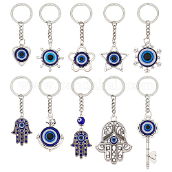 Nbeads 10 pièces 10 styles porte-clés pendentif en résine bleu turc mauvais œil, avec fermoir en alliage, pour porte-clés téléphone portable clé de voiture sac pendentif décoration, formes mixtes, bleu, 89~130mm, 1pc / style