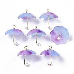 Pendentifs acryliques, avec boucles en laiton plaqué or et perle imitation plastique ABS, parapluie, bleuet, 20~21x20x20mm, Trou: 1.6mm