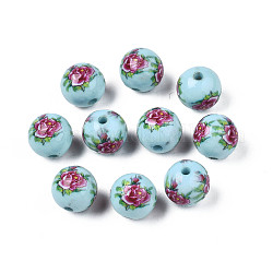 Opaque Printed Acrylic Beads, Round with Flower Pattern, Light Cyan, 9x9.5mm, Hole: 1.8mm