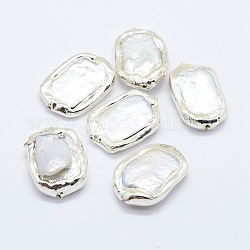 Perle coltivate d'acqua dolce perla naturale, bordo placcato color argento placcato, rettangolo, argento, 18.5~24x11.5~18.5x4~9mm, Foro: 1 mm