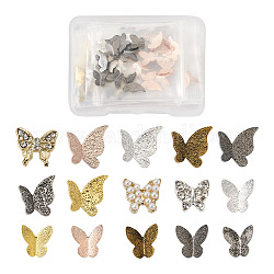 1 scatola 75 pezzi 15 stili di cabochon in lega con struttura a farfalla, accessori per la decorazione di nail art per le donne, colore misto, 5pcs / style