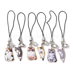 Cat Alloy Enamel Mobile Straps, Iron Bell and Polyester Cord Mobile Accessories Decoration, Mixed Color, 91~103mm, 6pcs/set