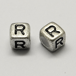Antik versilbert große loch acryl brief europäischen perlen, horizontales Loch, Würfel mit letter.r, 6x6x6 mm, Bohrung: 4 mm, ca. 2950 Stk. / 500 g