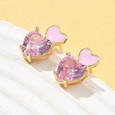 Серьги-гвоздики в форме сердца из латуни с кубическим цирконием EJEW-A132-05G-1