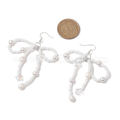 Серьги с подвесками из натурального культивированного пресноводного жемчуга и стеклянных бусин EJEW-TA00500-1