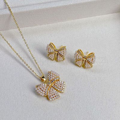 Комплект из колье с подвеской и серег-гвоздиков из латуни с микропаве из прозрачных кубических цирконий FS-WGCEA70-01-1