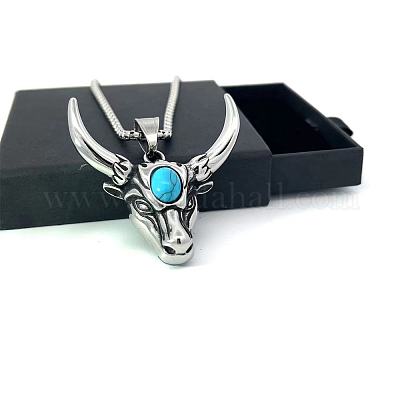Мужские винтажные ожерелья с подвеской в виде головы коровы из нержавеющей стали с паве из синтетической бирюзы GA2673-1