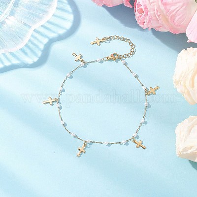 Женские браслеты на ногу из круглой искусственной жемчужины ABS и цепочек с кисточками из нержавеющей стали 304 AJEW-AN00738-02-1