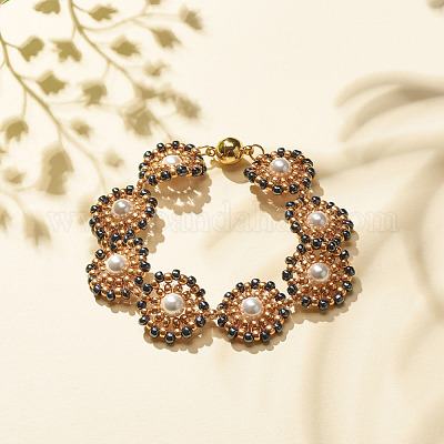 Браслет с цветком и жемчугом BJEW-JB08084-04-1