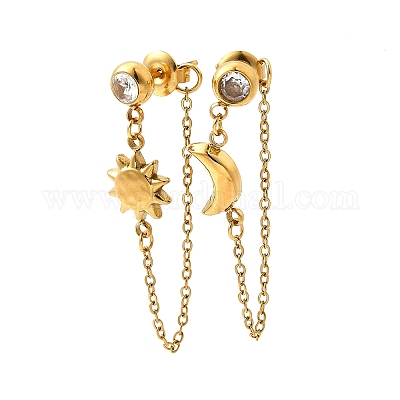 Серьги-гвоздики с кисточками из нержавеющей стали 304 с микропаве из прозрачных кубических цирконий и луной и солнцем EJEW-B140-04G-1