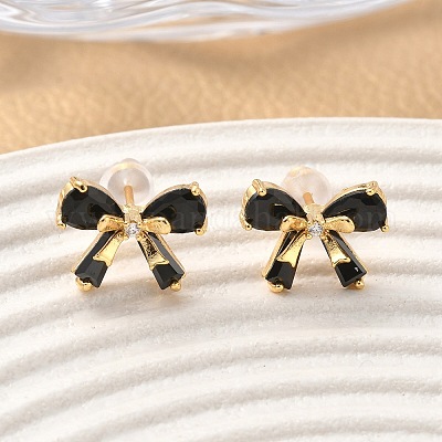 Серьги-гвоздики с бантом из латуни с микропаве из кубических цирконий EJEW-D337-02G-1