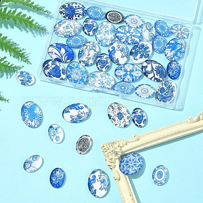 40 шт. 2 стиля цветочных украшений стеклянные овальные плоские кабошоны GGLA-FS0001-10-1