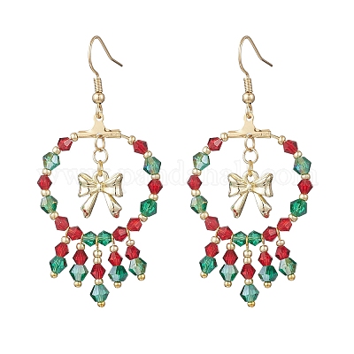 Серьги-подвески из стеклянных бусин ручной работы на рождественскую тематику EJEW-MZ00488-02-1