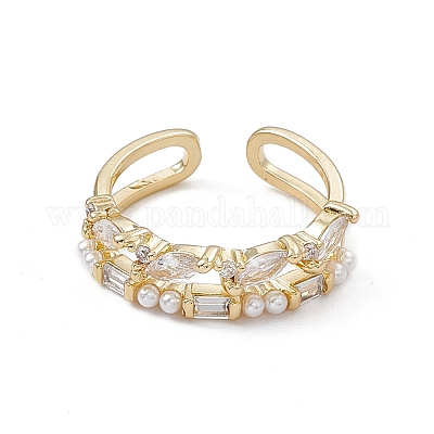 Открытое кольцо-манжета из прозрачного кубического циркония с конским глазом и пластиковым жемчугом RJEW-G276-12G-1